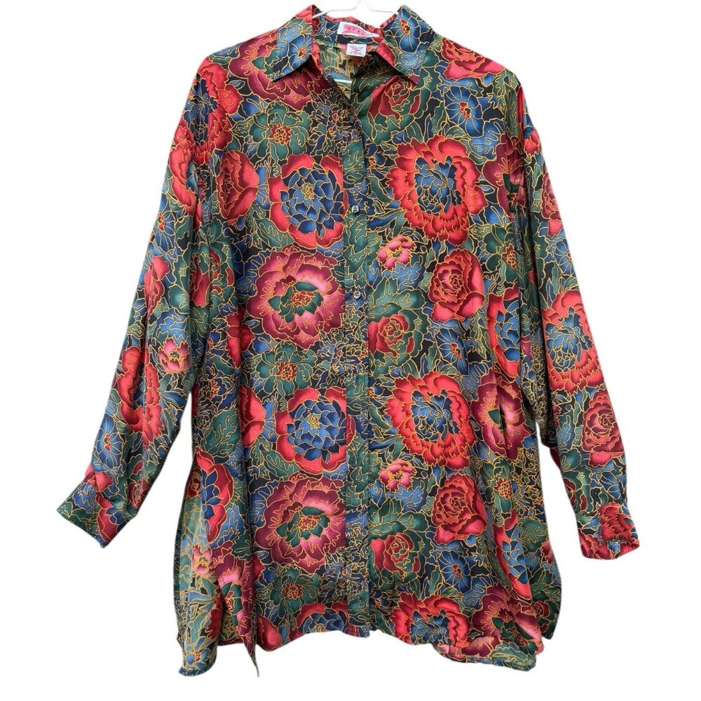 Vtg Express Silk Tunic Top Womens Medium Floral Colorful Long Sleeve Bold 90s